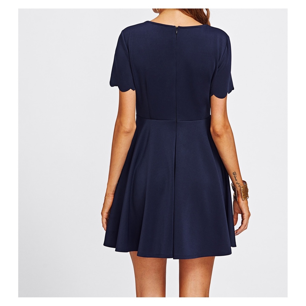 Navy Blue V Neck Scallops Fit & Flare Dress - Picture 5 of 7